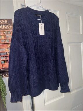 Market & Spruce Navy Cable-Knit Crewneck Sweater